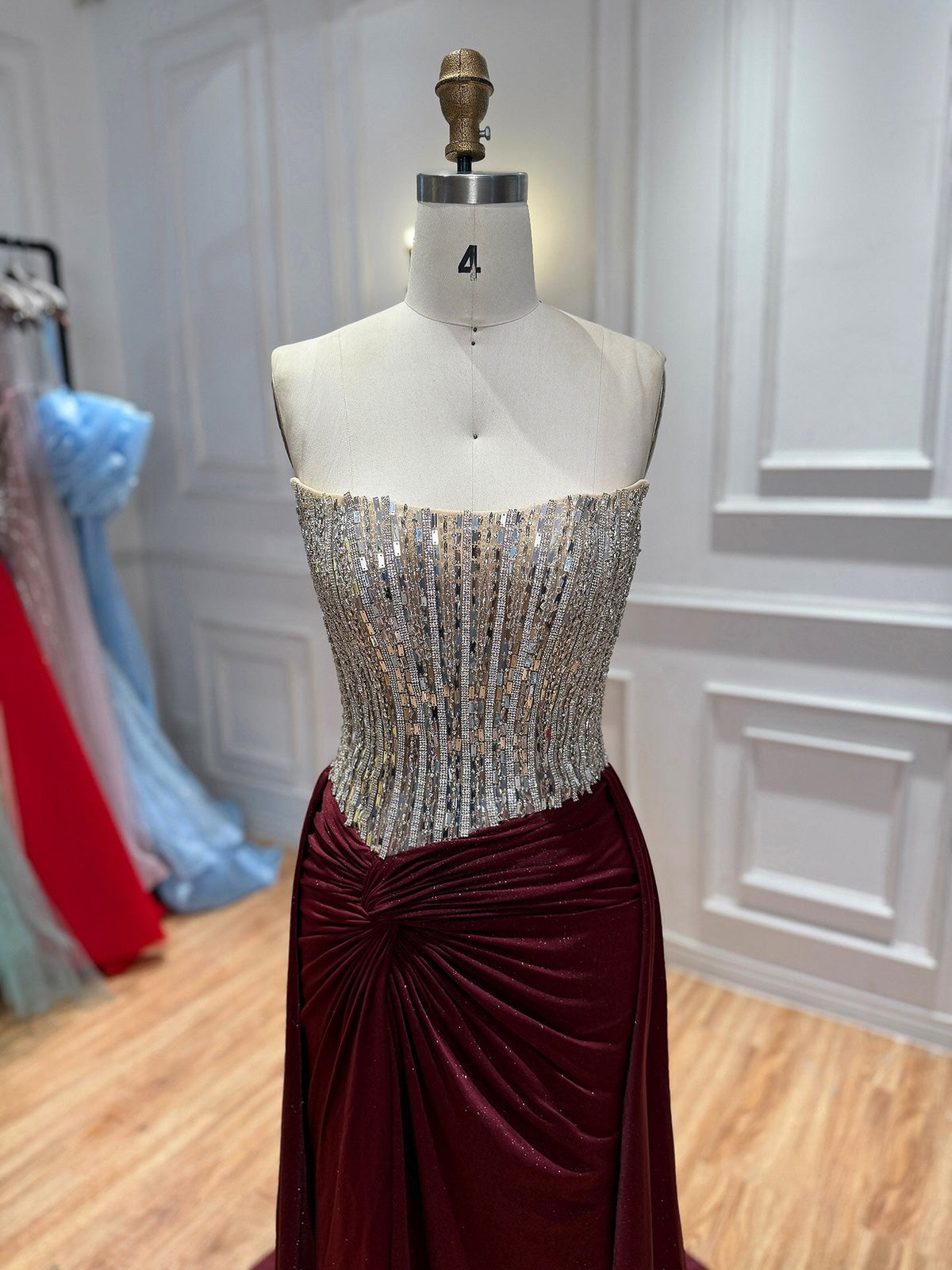 Luxury Wine Red Beaded Strapless Mermaid Evening Gown LA73970