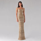 Gold Beaded Tassel Square Neck Mermaid Evening Dress LA73972