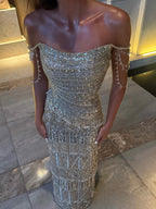 Gold Beaded Tassel Square Neck Mermaid Evening Dress LA73972