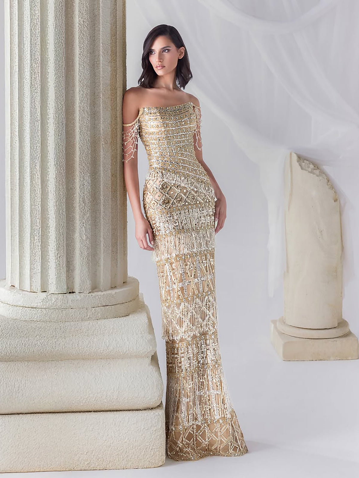Gold Beaded Tassel Square Neck Mermaid Evening Dress LA73972