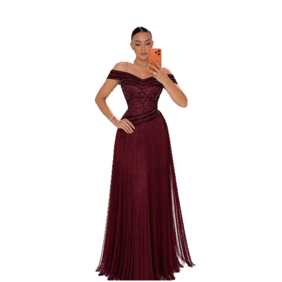 Wine Red Beaded Tassel Off Shoulder Column Evening Dress LA73974