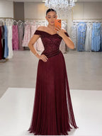 Wine Red Beaded Tassel Off Shoulder Column Evening Dress LA73974