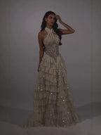 Beige Beaded Halter Tiered Ruffle A Line Evening Dress LA73977