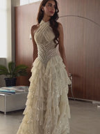Beige Beaded Halter Tiered Ruffle A Line Evening Dress LA73977