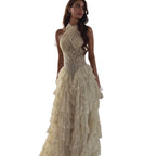 Beige Beaded Halter Tiered Ruffle A Line Evening Dress LA73977