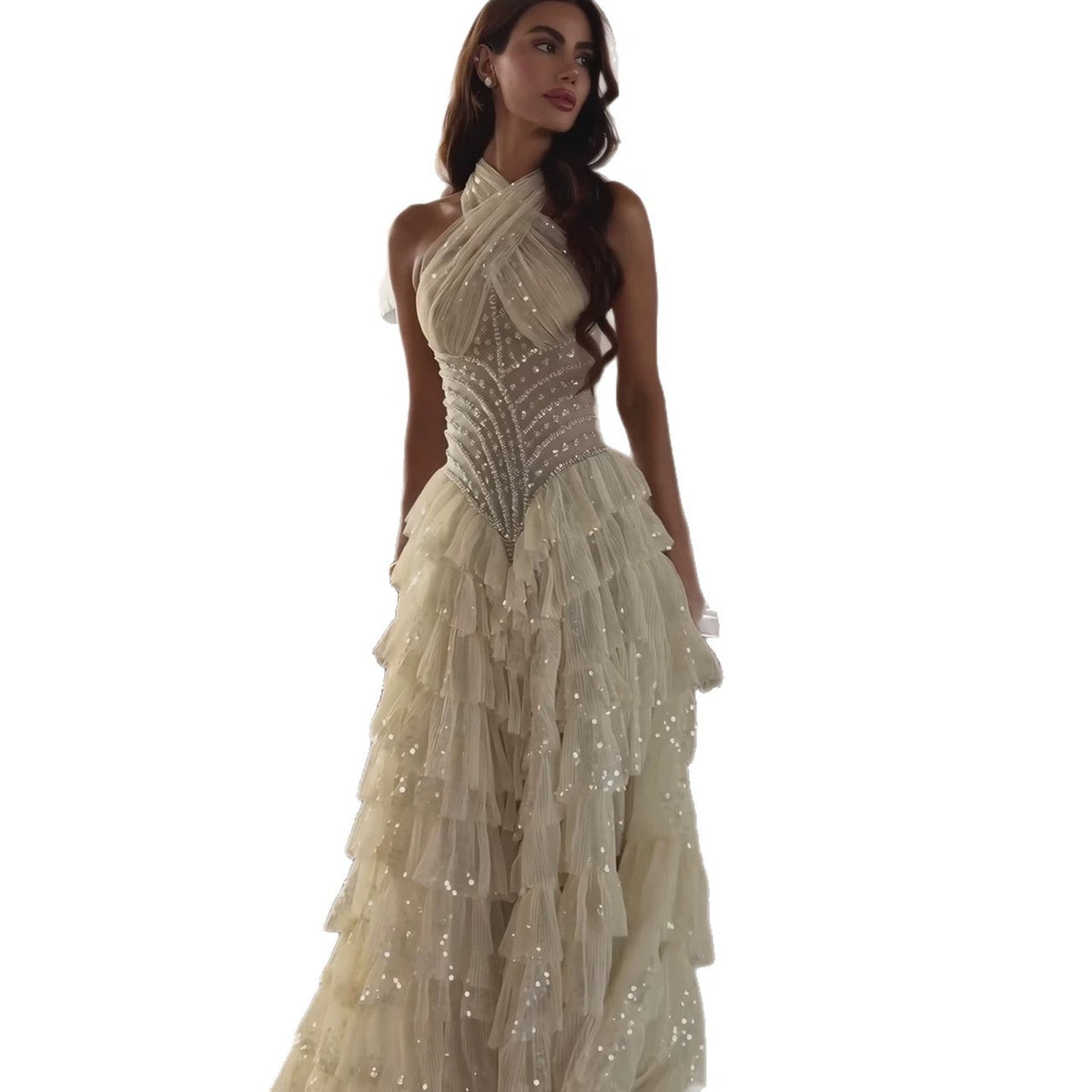 Beige Beaded Halter Tiered Ruffle A Line Evening Dress LA73977