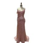 Pink Beaded One Shoulder Draped Waist Mermaid Dress LA73978