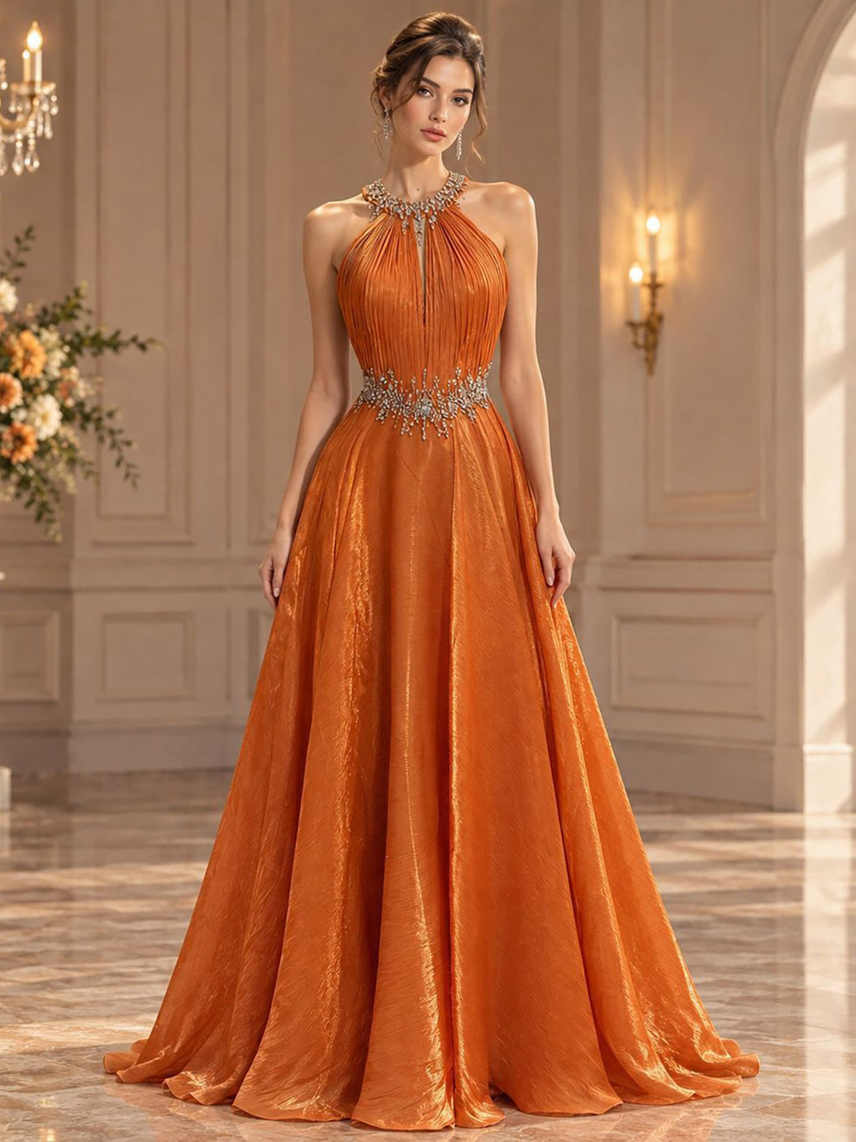 Luxury Orange Beaded Halter A Line Evening Gown LA73979
