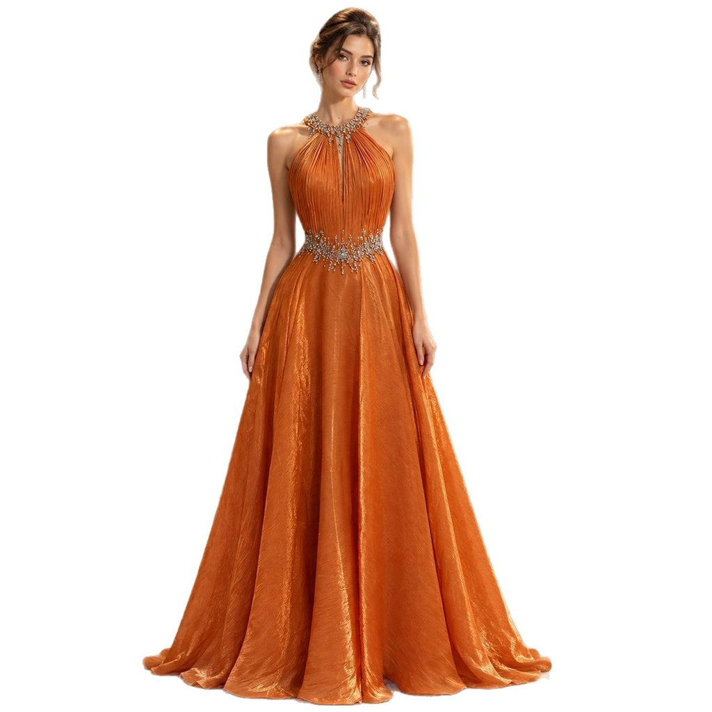 Luxury Orange Beaded Halter A Line Evening Gown LA73979