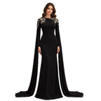 Black Beaded Embellished Cape Sleeves Evening Gown LA73980