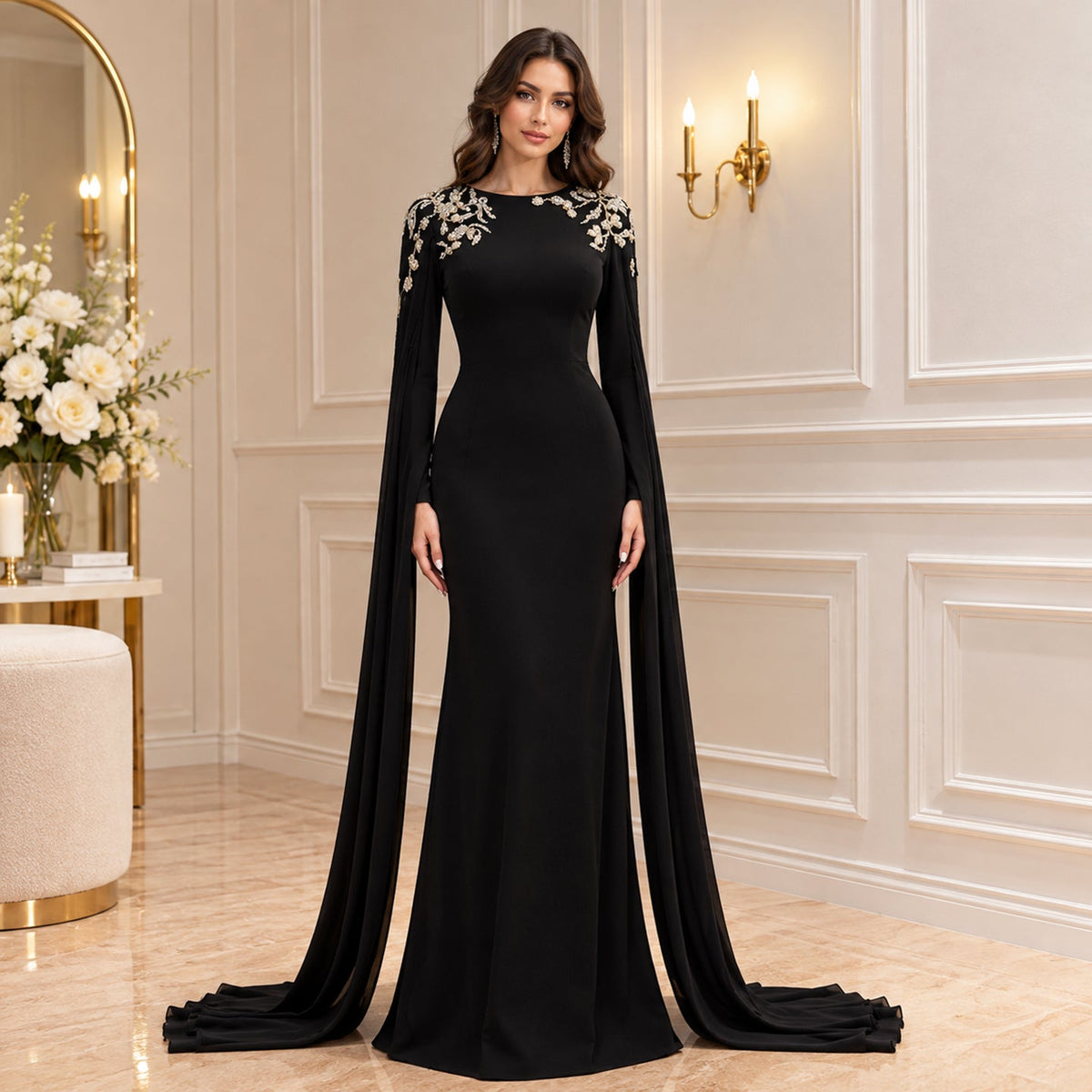 Black Beaded Embellished Cape Sleeves Evening Gown LA73980