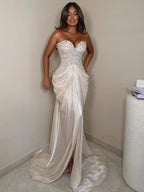 Beige Crystal Beaded Strapless Draped Mermaid Evening Dress LA73981
