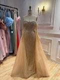Luxury Nude Beaded Off Shoulder Mermaid Evening Gown LA73982