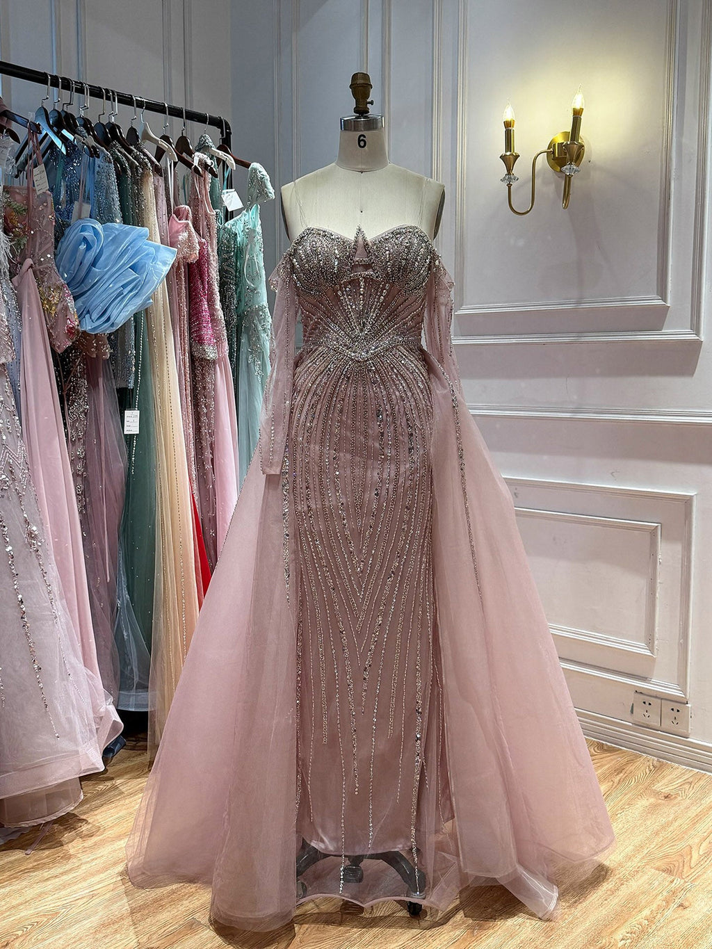 Luxury Nude Beaded Off Shoulder Mermaid Evening Gown LA73982