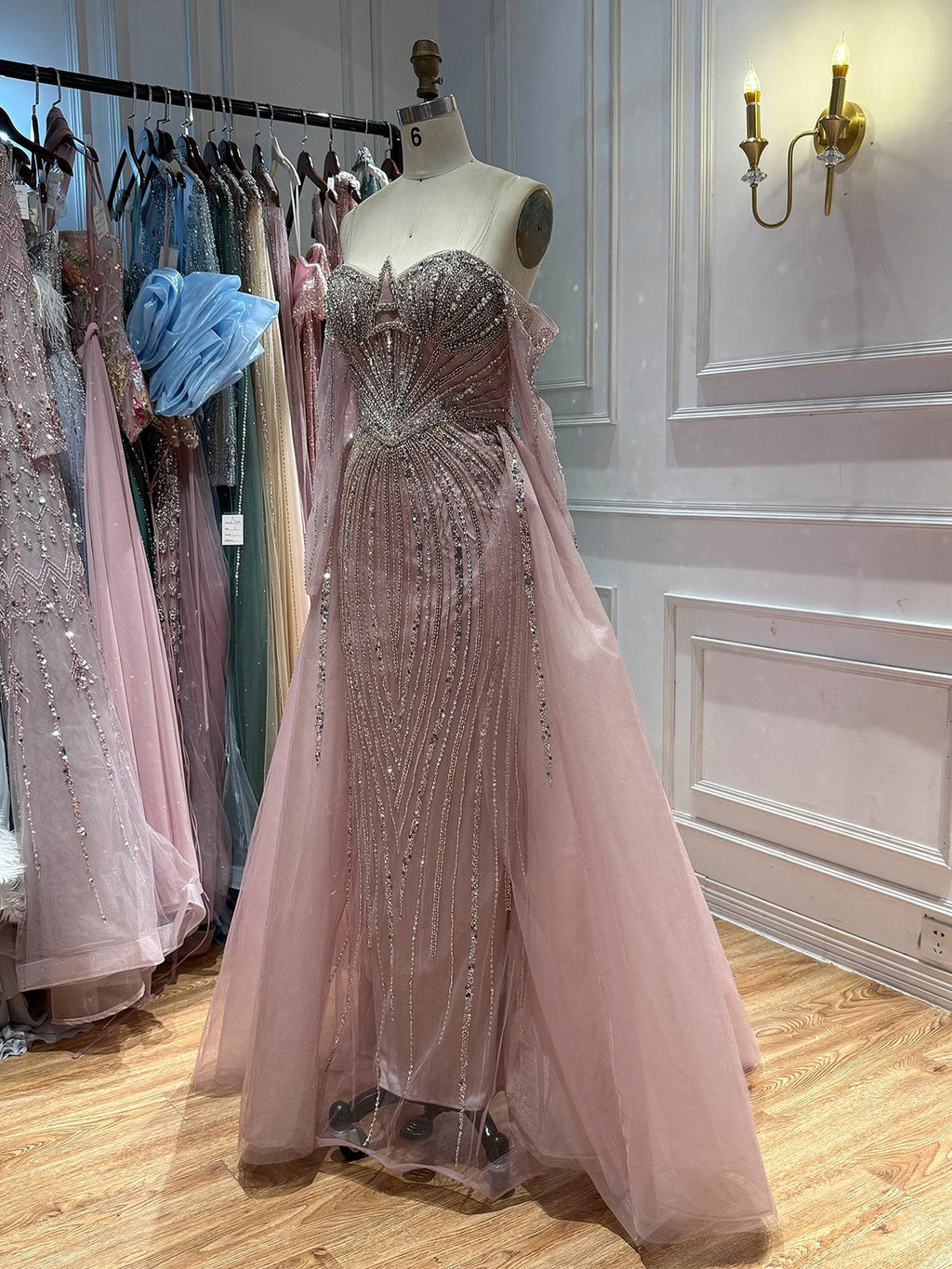 Luxury Nude Beaded Off Shoulder Mermaid Evening Gown LA73982