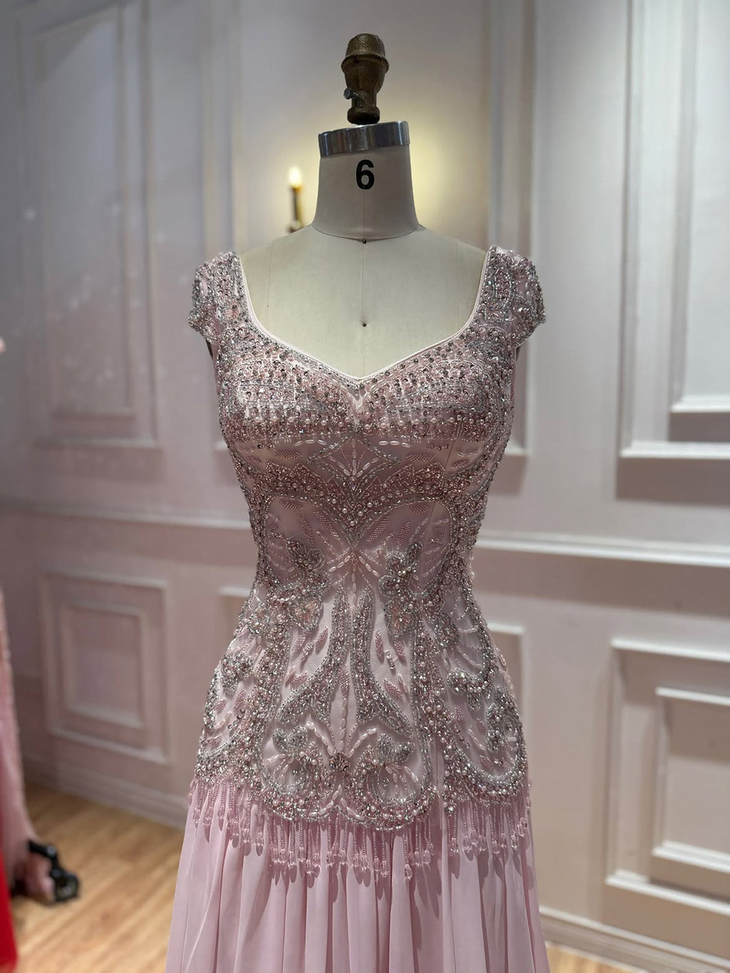 Luxury Pink Beaded Lace Up Back A Line Chiffon Dress LA73983