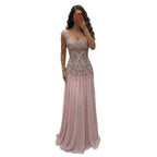 Luxury Pink Beaded Lace Up Back A Line Chiffon Dress LA73983