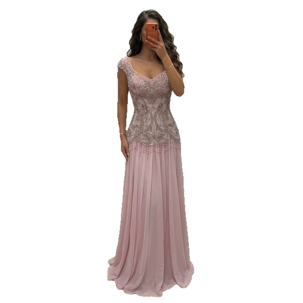 Luxury Pink Beaded Lace Up Back A Line Chiffon Dress LA73983