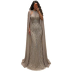 Luxury Nude Beaded Mermaid Evening Dress with Cape Sleeves LA77256