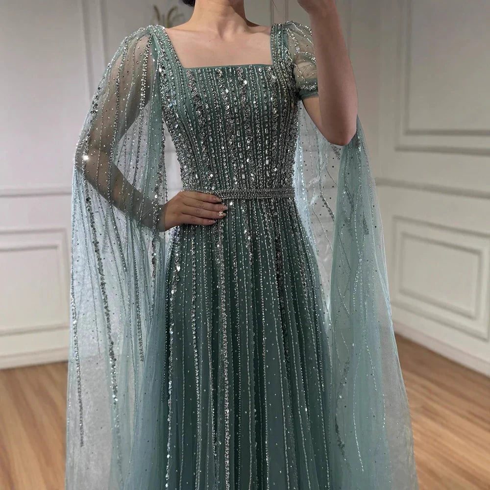 Luxury Dubai Square Neck Beaded Evening Gown with Cape LA73188 - SERENE HILL