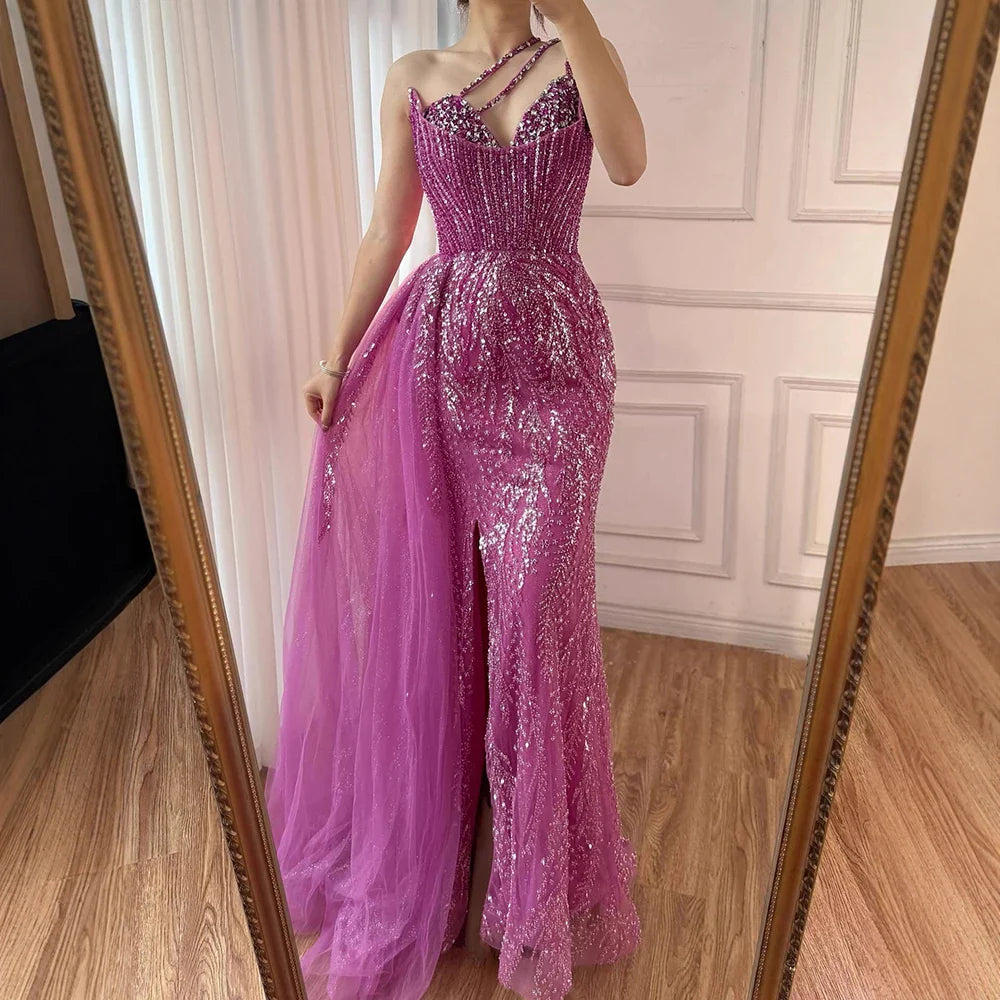 Luxury Nude Crystal Beaded One-Shoulder Evening Dress with Overskirt LA73161