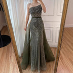 Luxury Olive Green Beaded Mermaid Evening Dress with Detachable Overskirt LA73164A