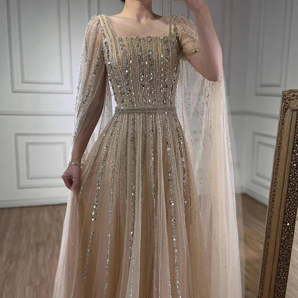 Luxury Dubai Square Neck Beaded Evening Gown with Cape LA73188 - SERENE HILL