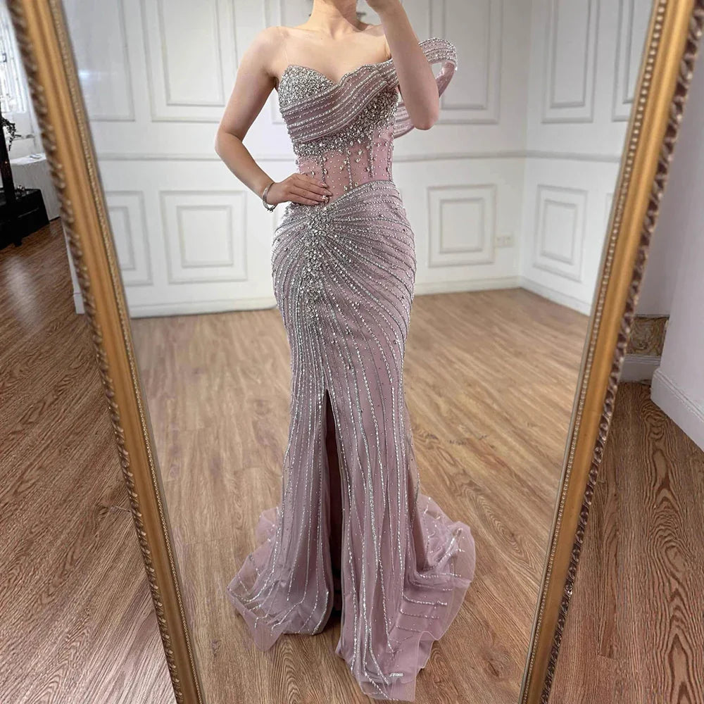 Luxury Pink Crystal One Shoulder Beaded Evening Dress Split LA73197 - SERENE HILL
