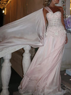 Luxury Pink Arabic Floral chiffon Evening Dress With Cape LA73451