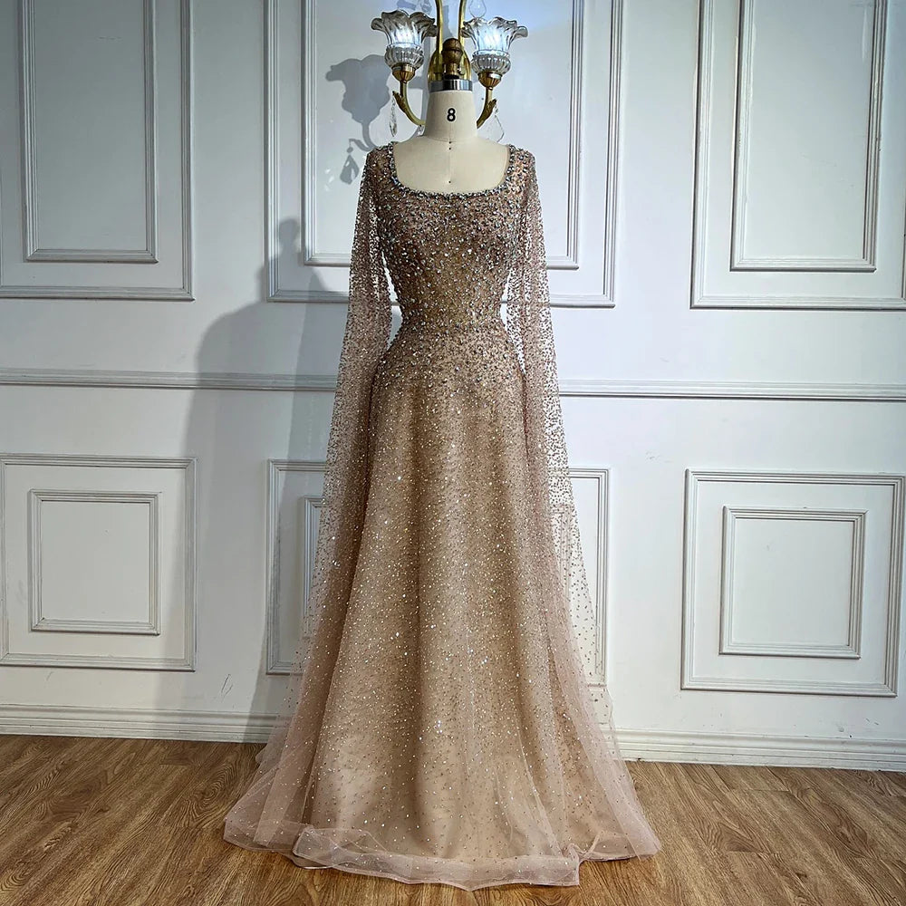 Luxury Rose Gold Beaded Evening Dress with Cape LA72147C Plus Size