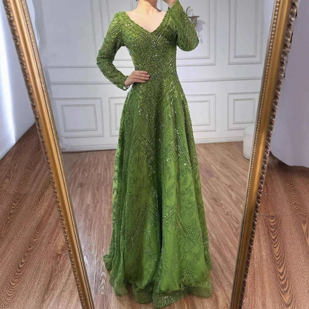 Luxury Lime Green Lace Beaded Long Sleeve Evening Dress LA73324 - SERENE HILL