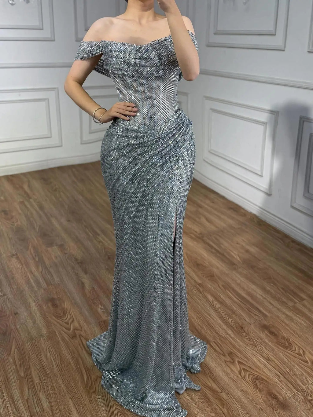 Luxury Silver Diamond Corset Off Shoulder Mermaid Evening Dress LA73410 - SERENE HILL