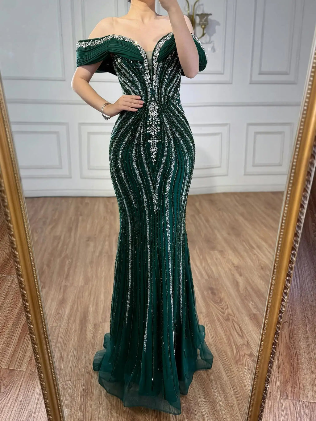 Luxury Green Gold Beaded Dubai Designer Mermaid Evening Dress LA73142 - SERENE HILL