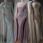 Modest Muslim Sage Green Evening Dress with Cape Long Sleeves LA72413A