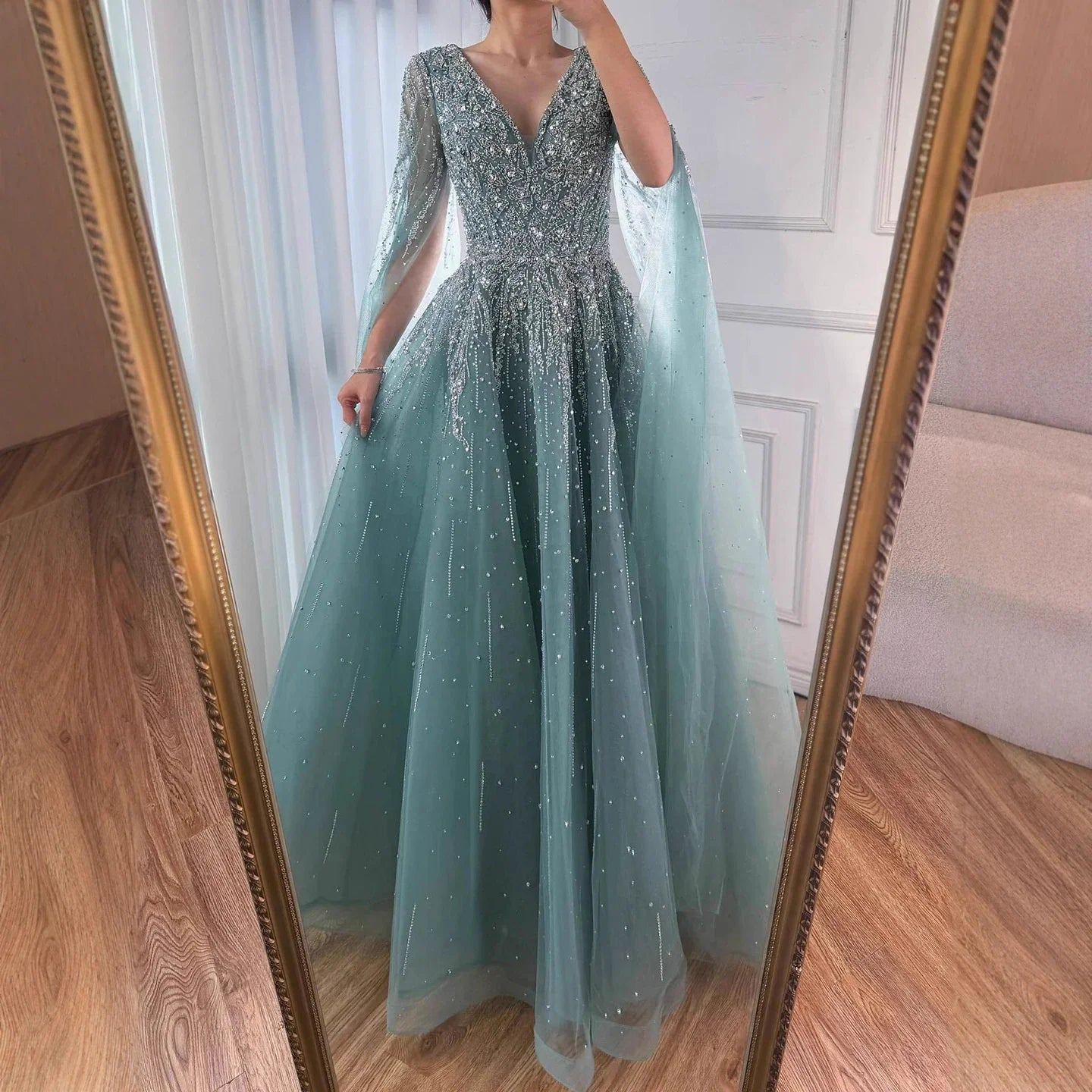 Luxury Caramel Dubai Evening Dress with Cape LA73269 - SERENE HILL