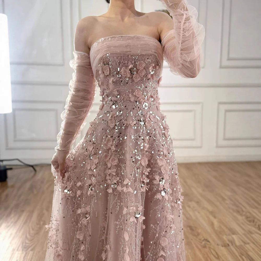 Elegant Pink 3D Flowers Evening Dress with Gloves LA72912