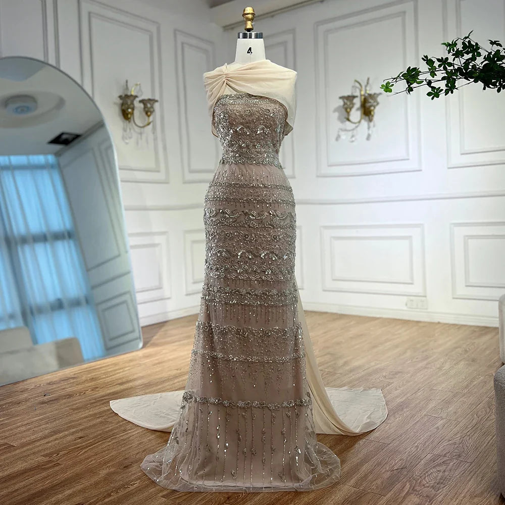 Luxury Sage Green Beaded Evening Dress with Cape LA72126B