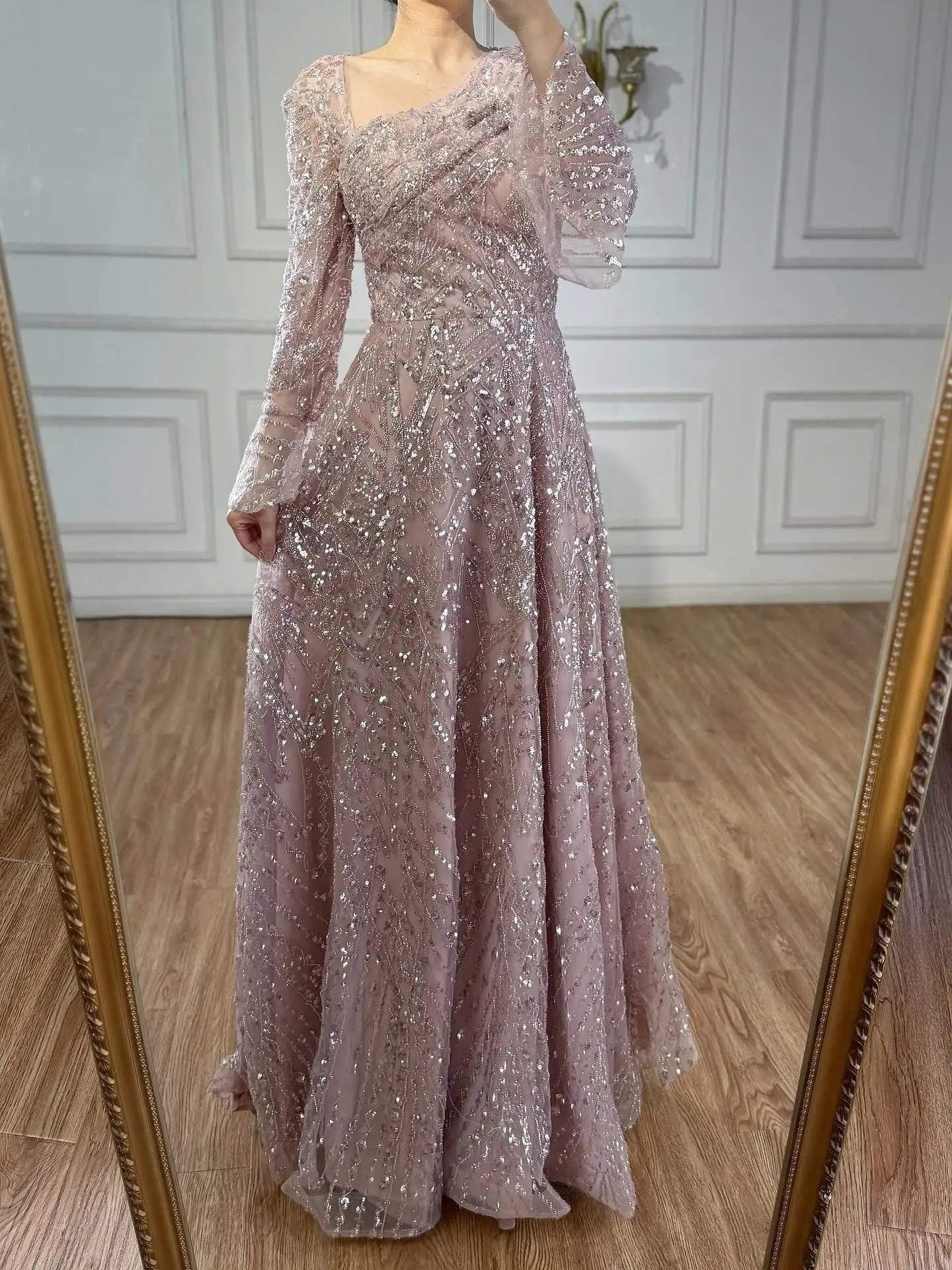 Luxury Turquoise Beaded A-Line Evening Dress with Puffy Sleeves LA73177