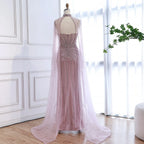Luxury Dubai Caramel Beaded Evening Dress With Cape LA72811C - SERENE HILL