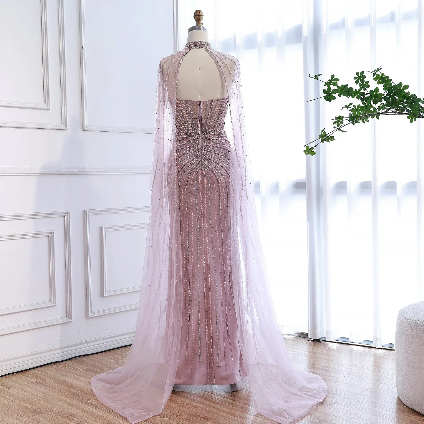 Luxury Dubai Caramel Beaded Evening Dress With Cape LA72811C - SERENE HILL
