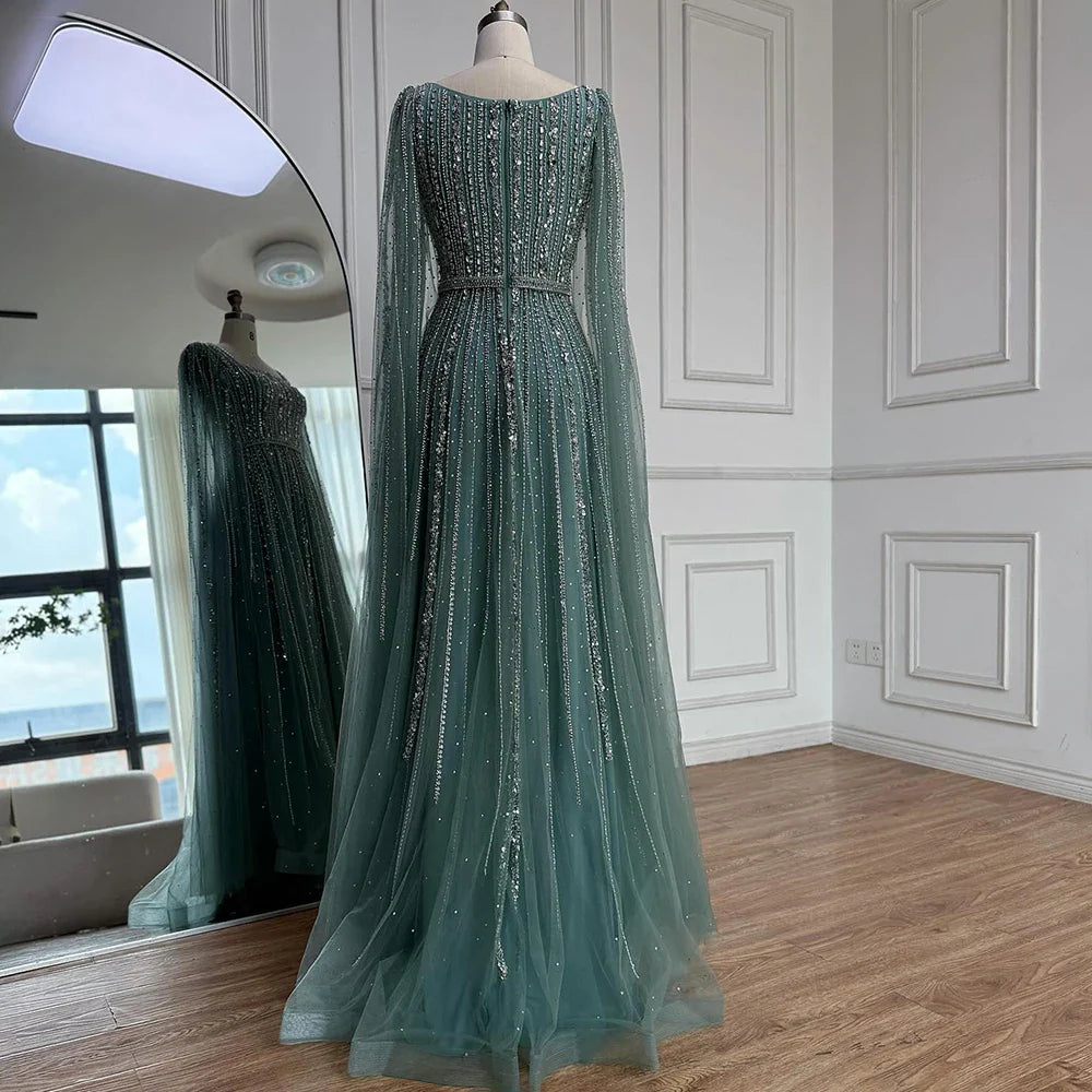 Luxury Dubai Square Neck Beaded Evening Gown with Cape LA73188 - SERENE HILL