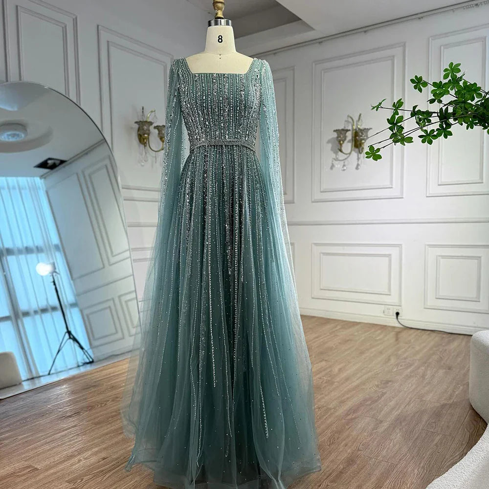 Luxury Dubai Square Neck Beaded Evening Gown with Cape LA73188 - SERENE HILL