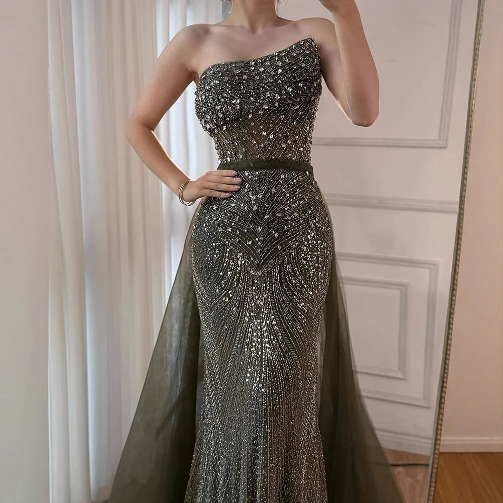 Luxury Olive Green Beaded Mermaid Evening Dress with Detachable Overskirt LA73164A