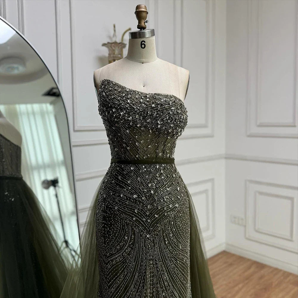 Luxury Olive Green Beaded Mermaid Evening Dress with Detachable Overskirt LA73164A