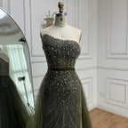 Luxury Olive Green Beaded Mermaid Evening Dress with Detachable Overskirt LA73164A