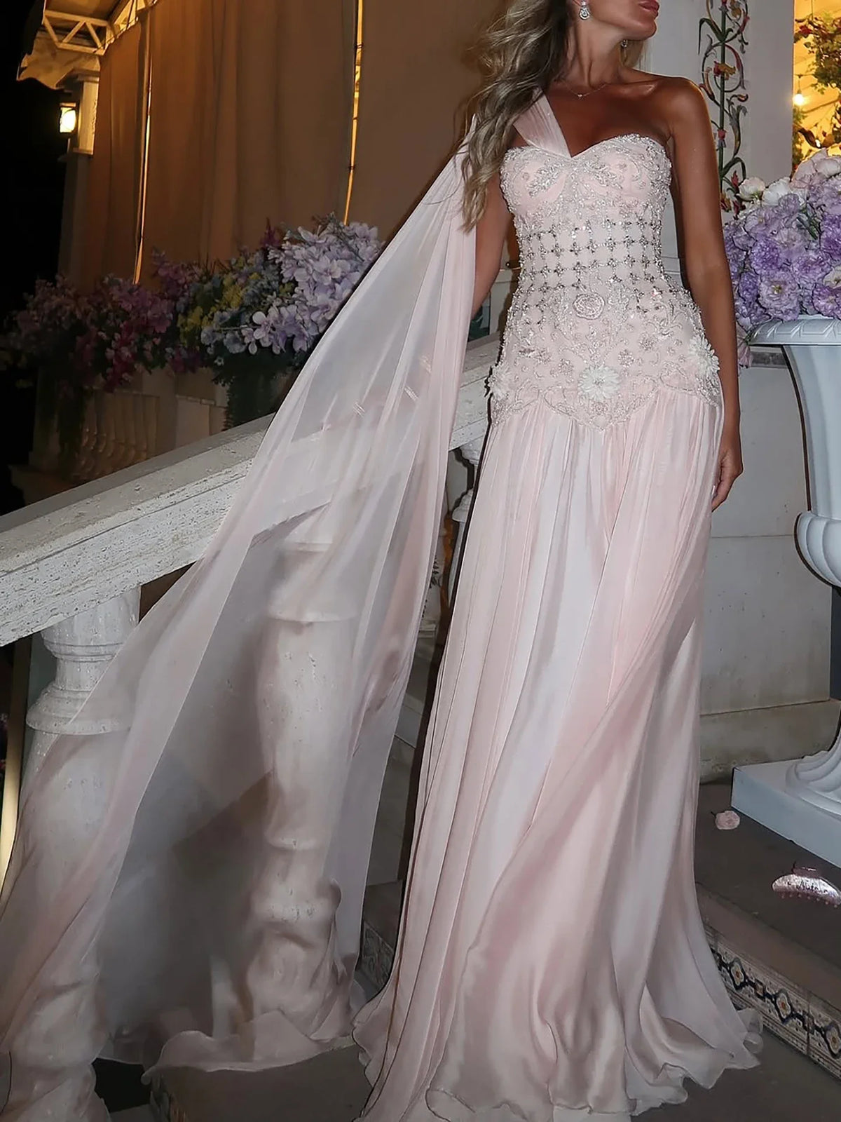 Luxury Pink Arabic Floral chiffon Evening Dress With Cape LA73451