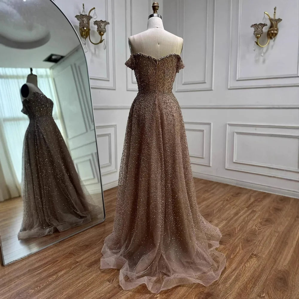 Caramel Off Shoulder A-Line Arabic Evening Dress LA72147B