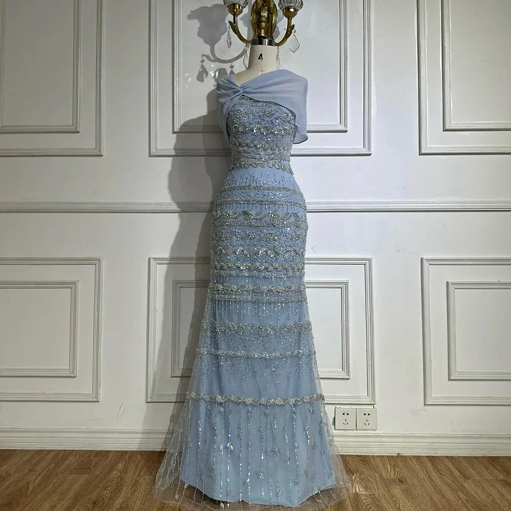 Luxury Sage Green Beaded Evening Dress with Cape LA72126B