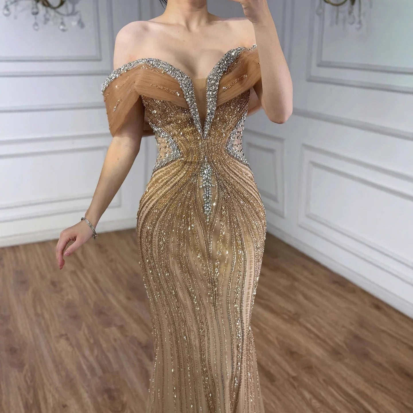 Luxury Saudi Arabic Gold Luxury Crystal Beaded Mermaid Evening Dress LA73142A - SERENE HILL