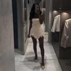 Luxury Nude Pearl Beaded A-Line Mini Evening Dress LA73211 - SERENE HILL